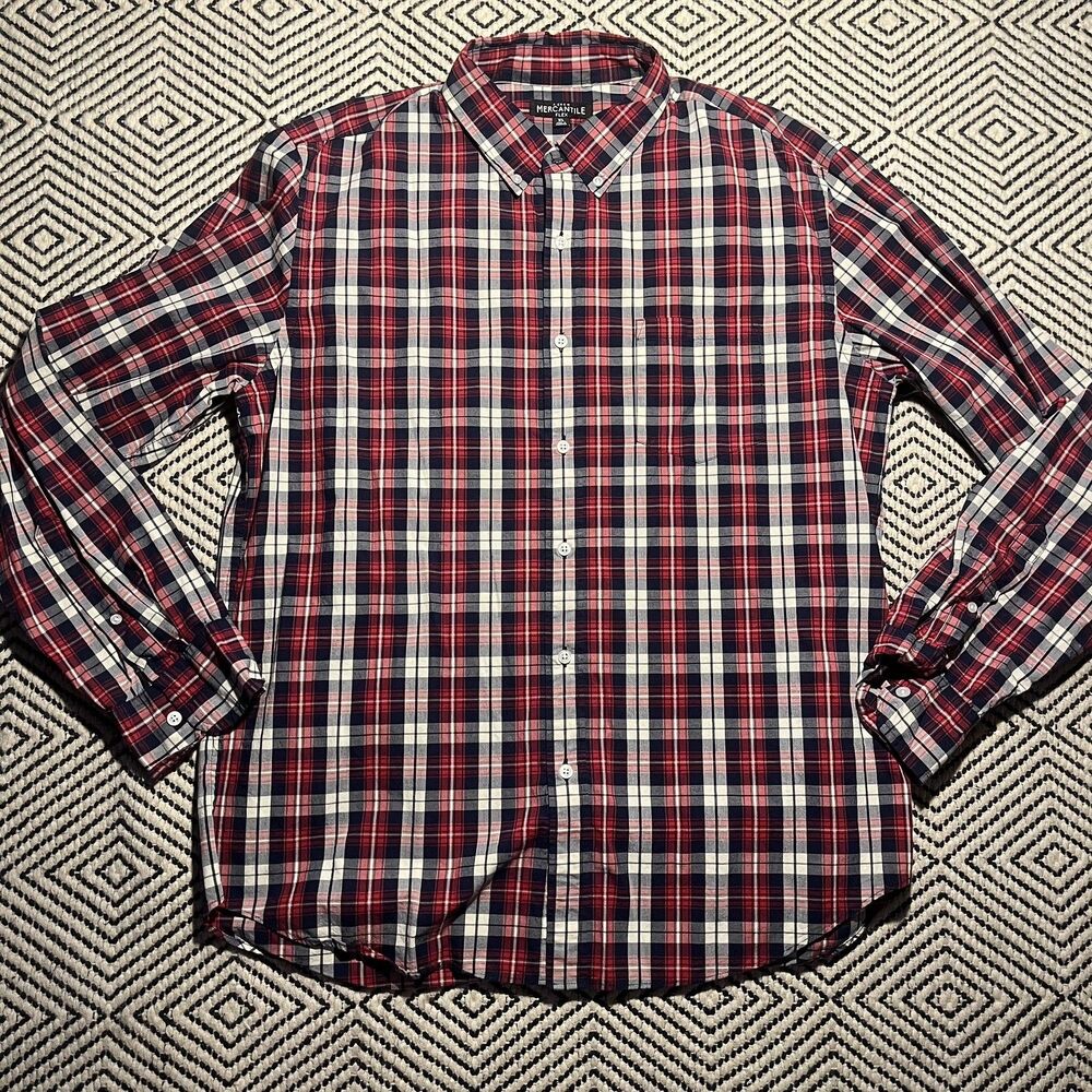 J Crew Mercantile Button Up Shirt Mens XL Slim Flex Long Sleeve Red Blue Plaid